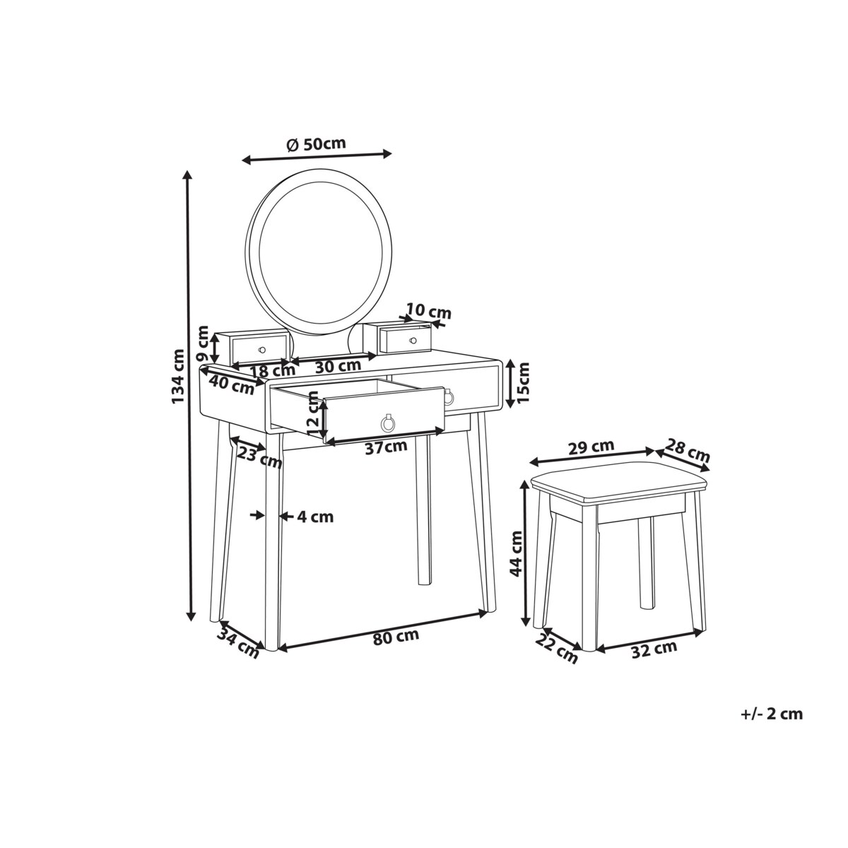 Toaletka 4 szuflady lustro LED ze stołkiem szaro-złota FEDRY