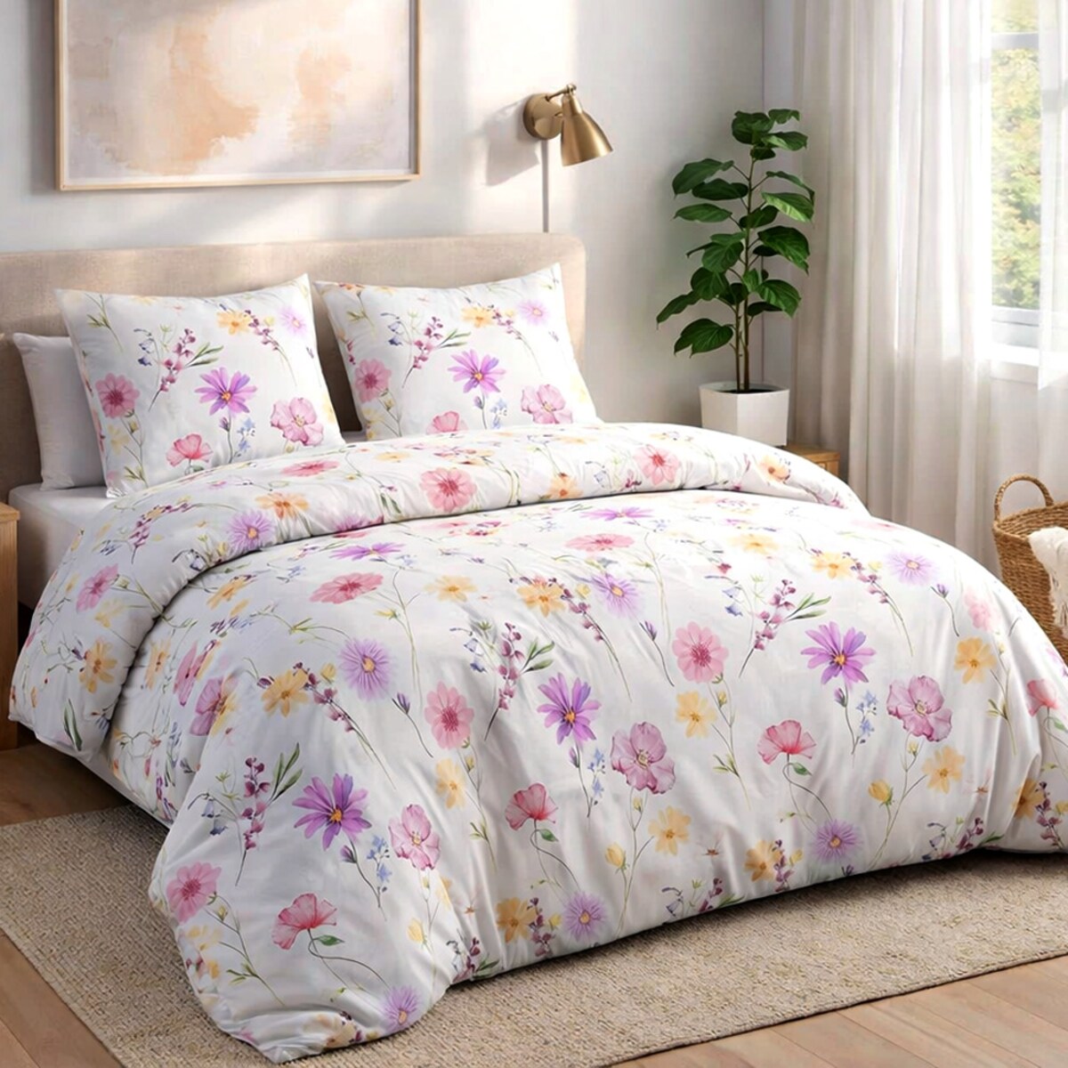 Pościel satyna bawełniana 220x200 Vellia biała w pastelowe kolorowe kwiaty akwarelowe, Satynlove