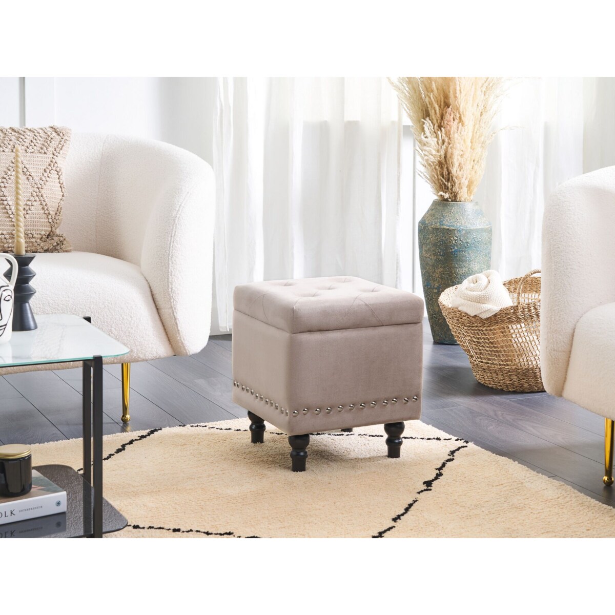 Puf ze schowkiem welurowy 37 x 37 x 40 cm beżowy LORETTO