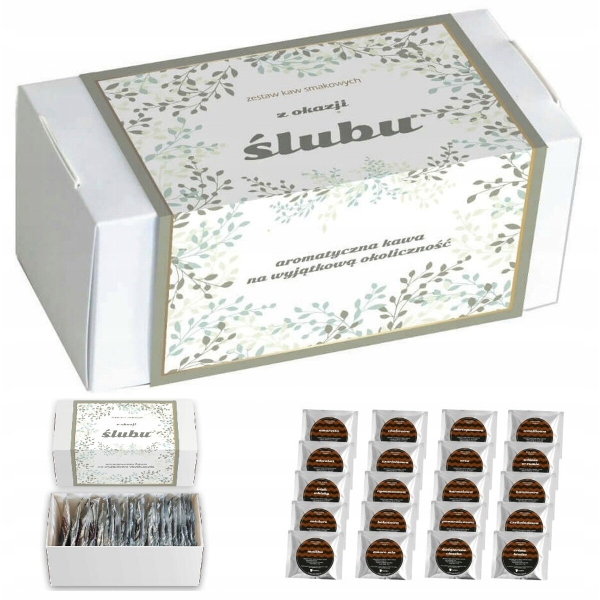 Duży zestaw aromatycznych kaw mielonych z okazji ŚLUBU WESELA 20 różnych smaków - box prezentowy upominkowy dla pary młodej nowożeńców na prezent upominek