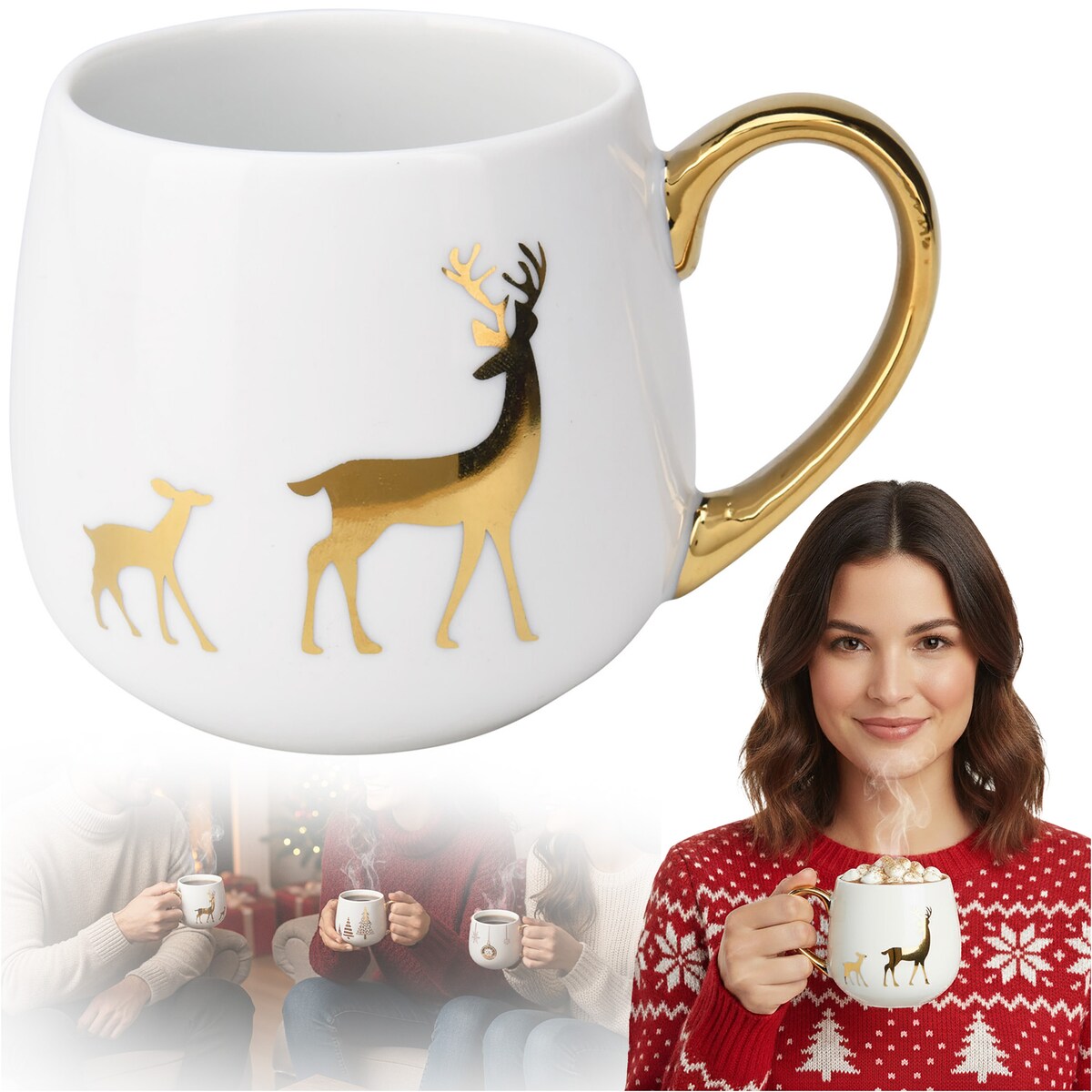 Kubek Z Uchem Świąteczny Porcelanowy Biało-Złoty 375 Ml Renifer