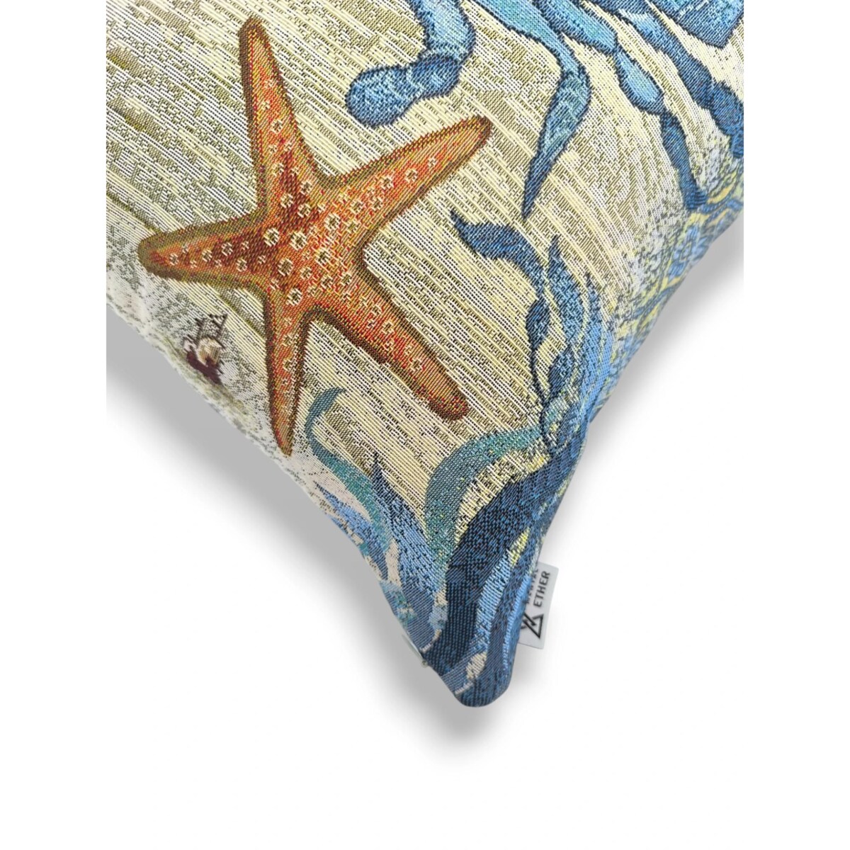 Dwustronna poduszka gobelinowa z krabem 45x45 Morskie Opowieści - beż i błękit