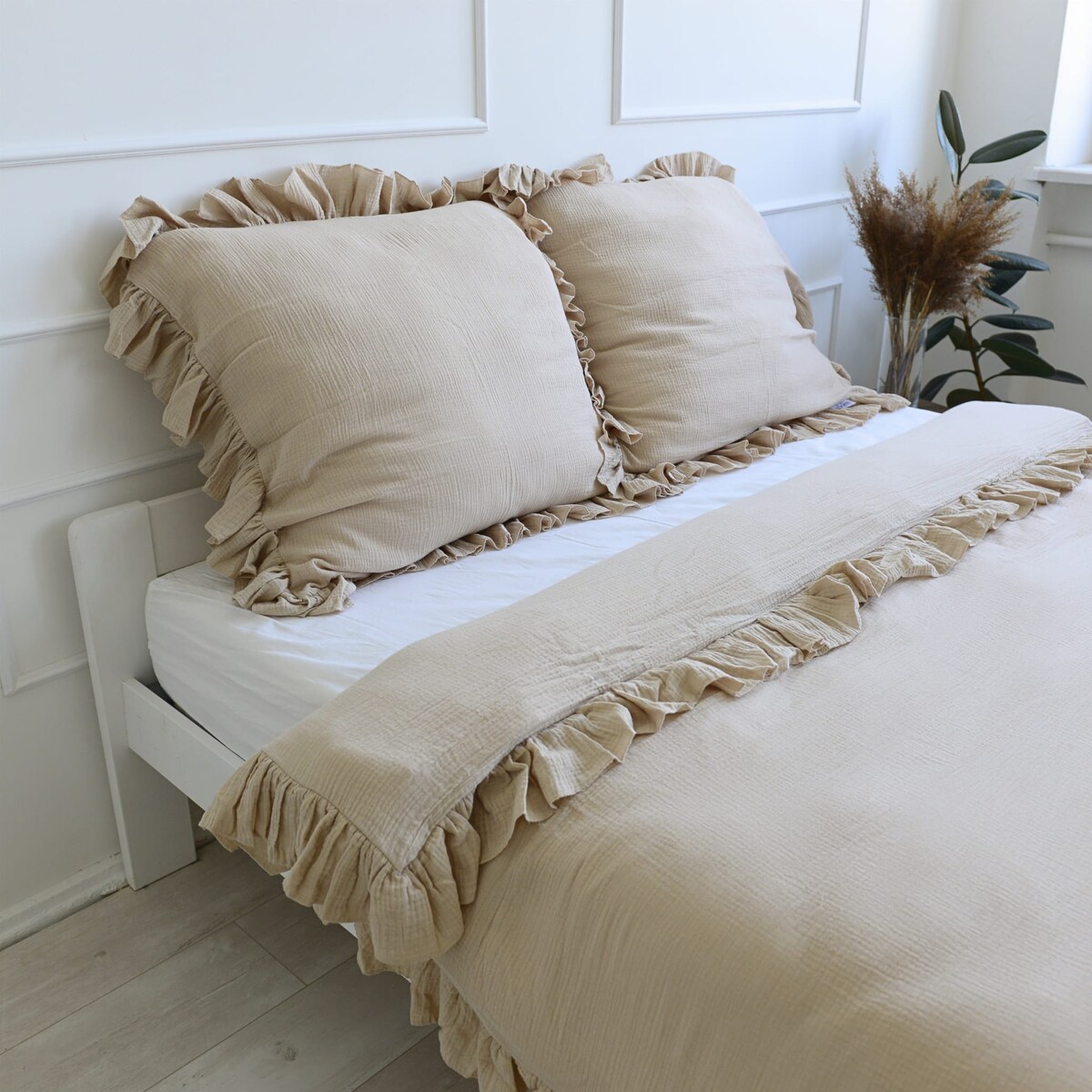 Pościel Muślinowa Z Falbanką Komplet Zestaw Do Sypialni Boho Beż 200X200 Cm + 2 Poduszki 70X80 Cm