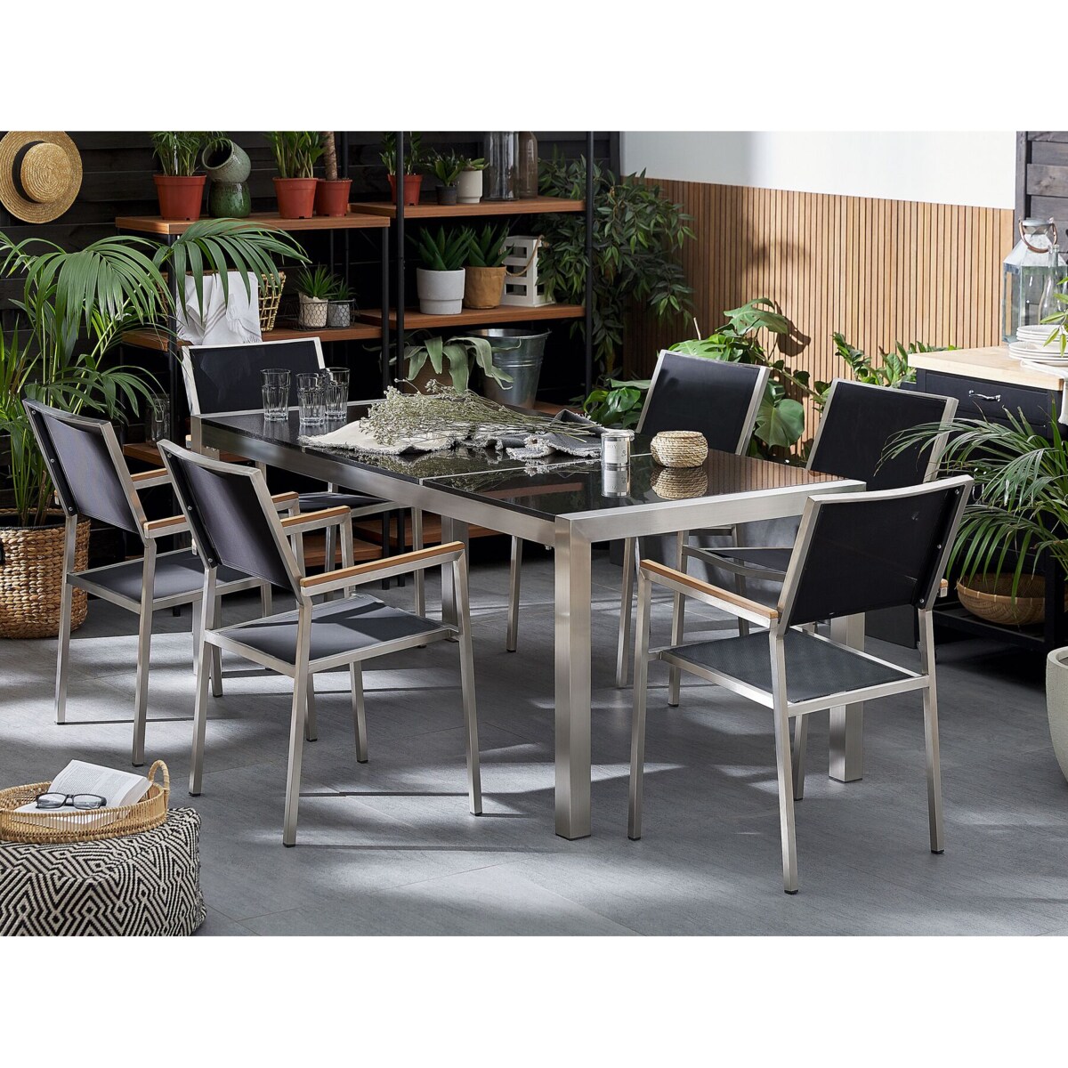 Zestaw ogrodowy stół granit palony dzielony blat czarny i 6 krzeseł czarnych GROSSETO