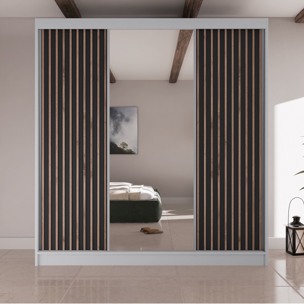 Szafa przesuwna lamele z lustrem i szufladami V200 -biała+czarny front