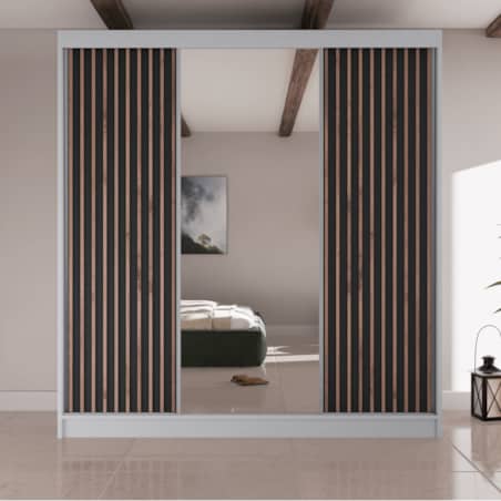 Szafa przesuwna lamele z lustrem i szufladami V200 -biała+czarny front