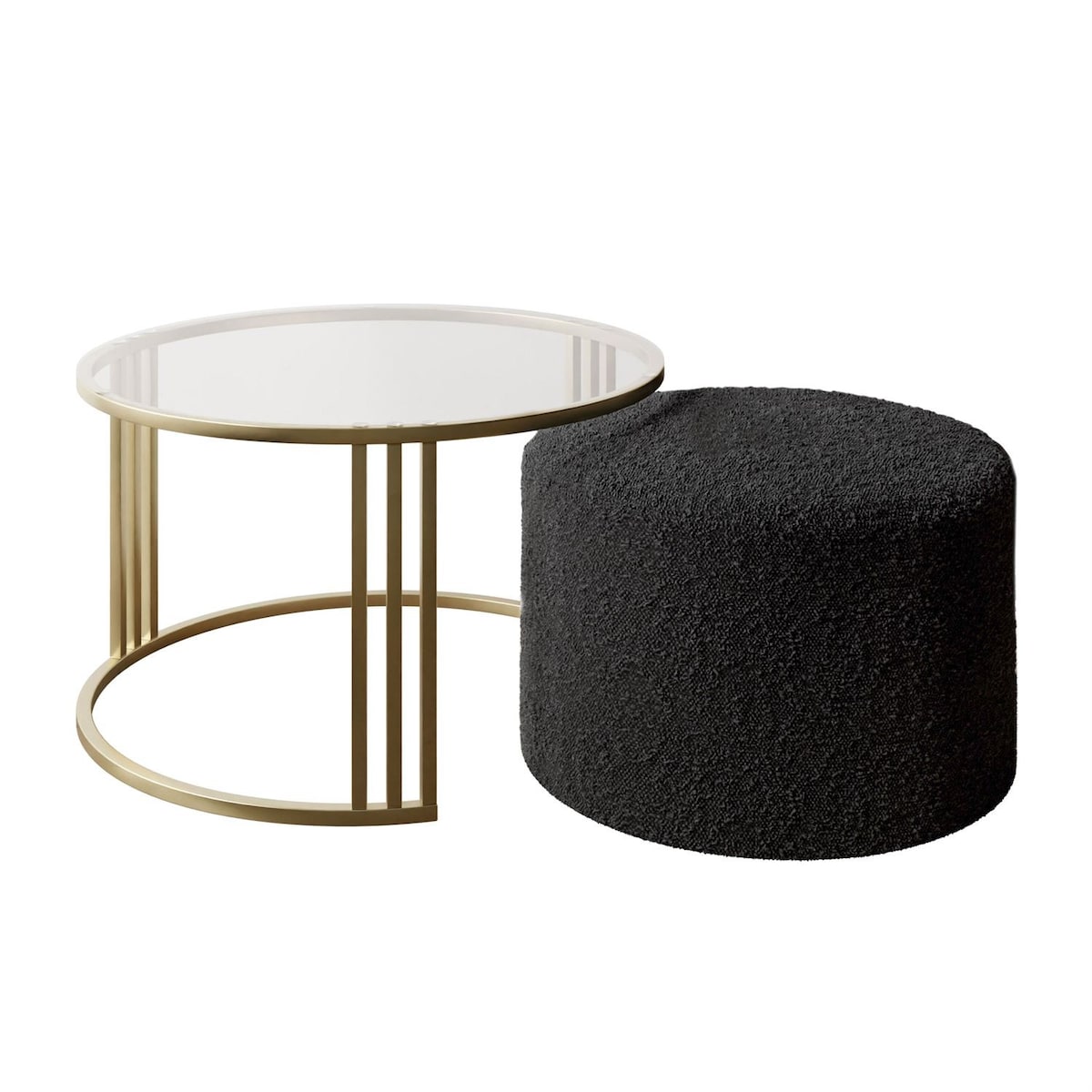 Stolik kawowy z pufą LORI GLASS złoto szczotkowane, przezroczyste szkło / Coral 60