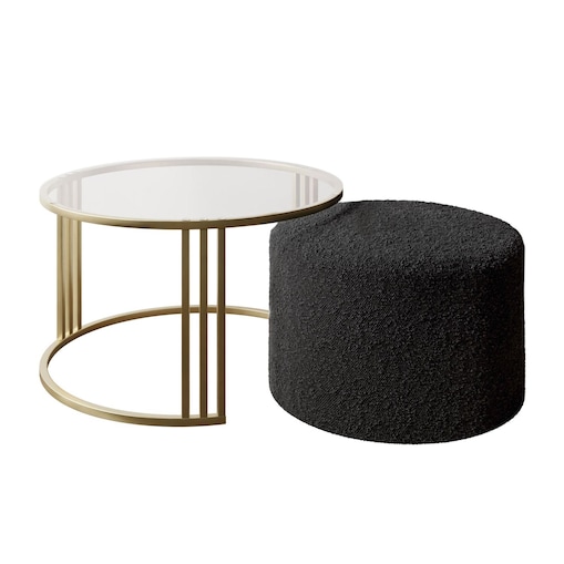 Stolik kawowy z pufą LORI GLASS złoto szczotkowane, przezroczyste szkło / Coral 60