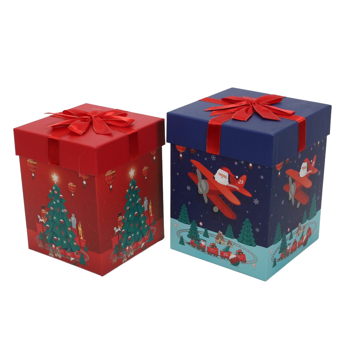Dwa pudełka na prezenty z motywem Mikołaja, 26 i 23 cm