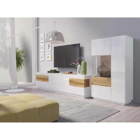 Witryna niska SILKE 2D 80cm biały połysk/dąb wotan lewa