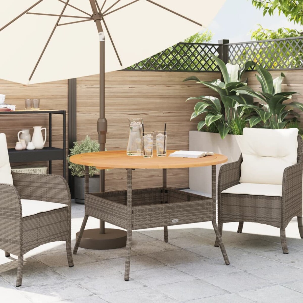 vidaXL Stół ogrodowy z akacjowym blatem, szary, Ø110x71 cm, rattan PE