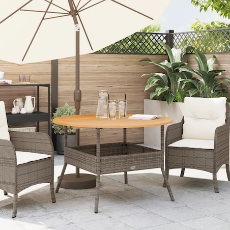 vidaXL Stół ogrodowy z akacjowym blatem, szary, Ø110x71 cm, rattan PE