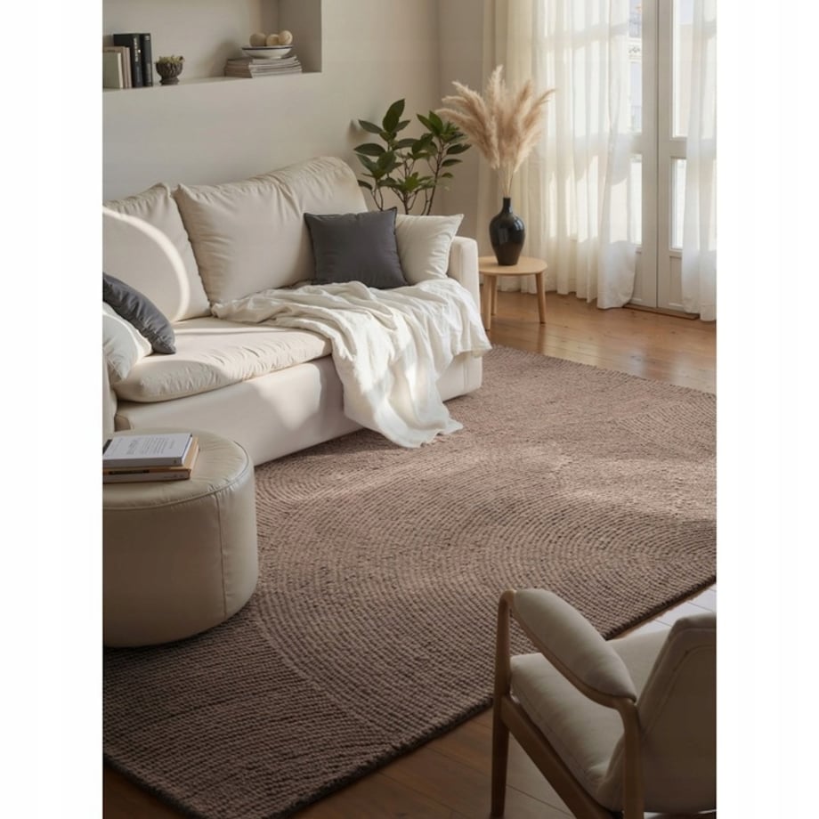 Dywan wełniany do salonu 200x300cm, brązowy wzór w półkola, efekt 3d