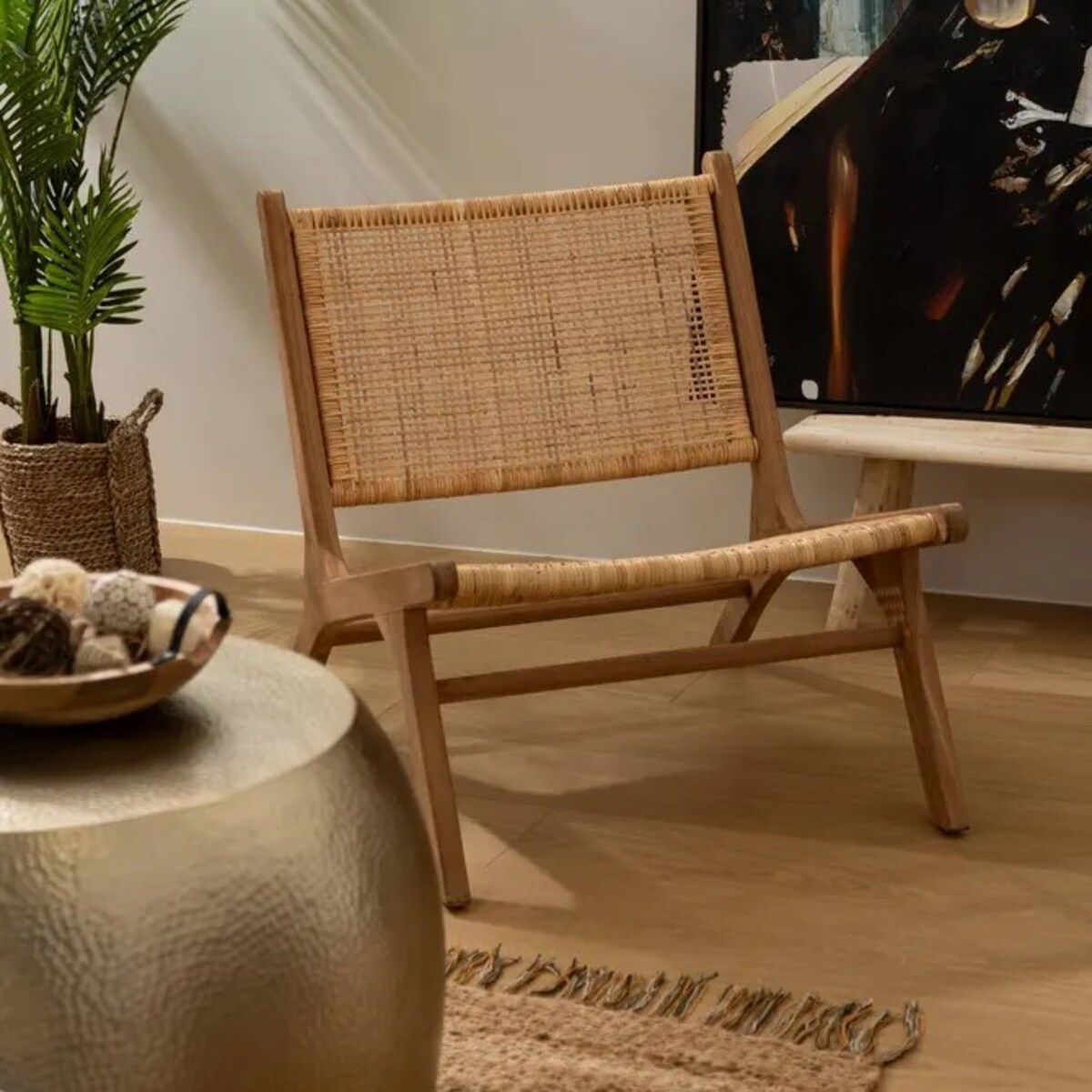 Fotel boho tekowy z plecionką Ilan