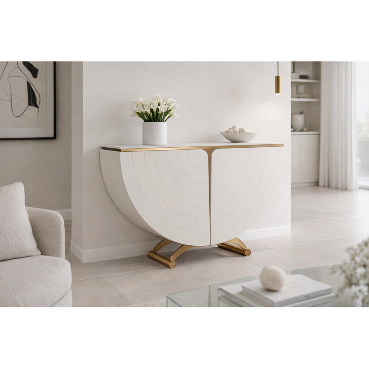 Biała konsola glamour półokrągła Vellora 140x35x86