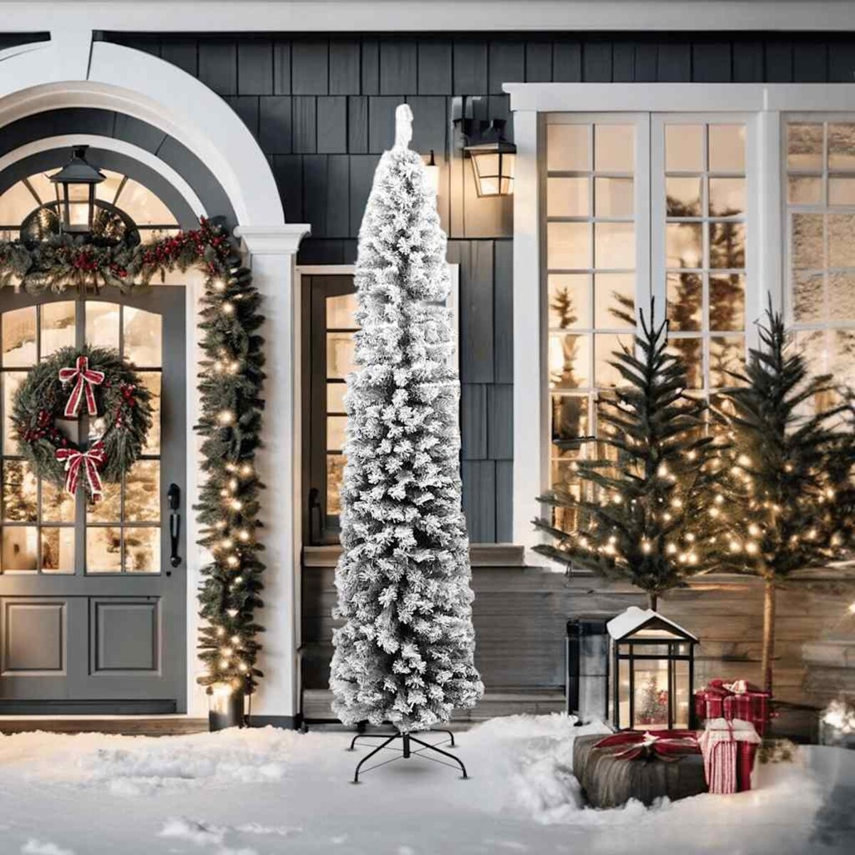 vidaXL Smukła, sztuczna choinka, zielona, ośnieżona, 210 cm, PVC