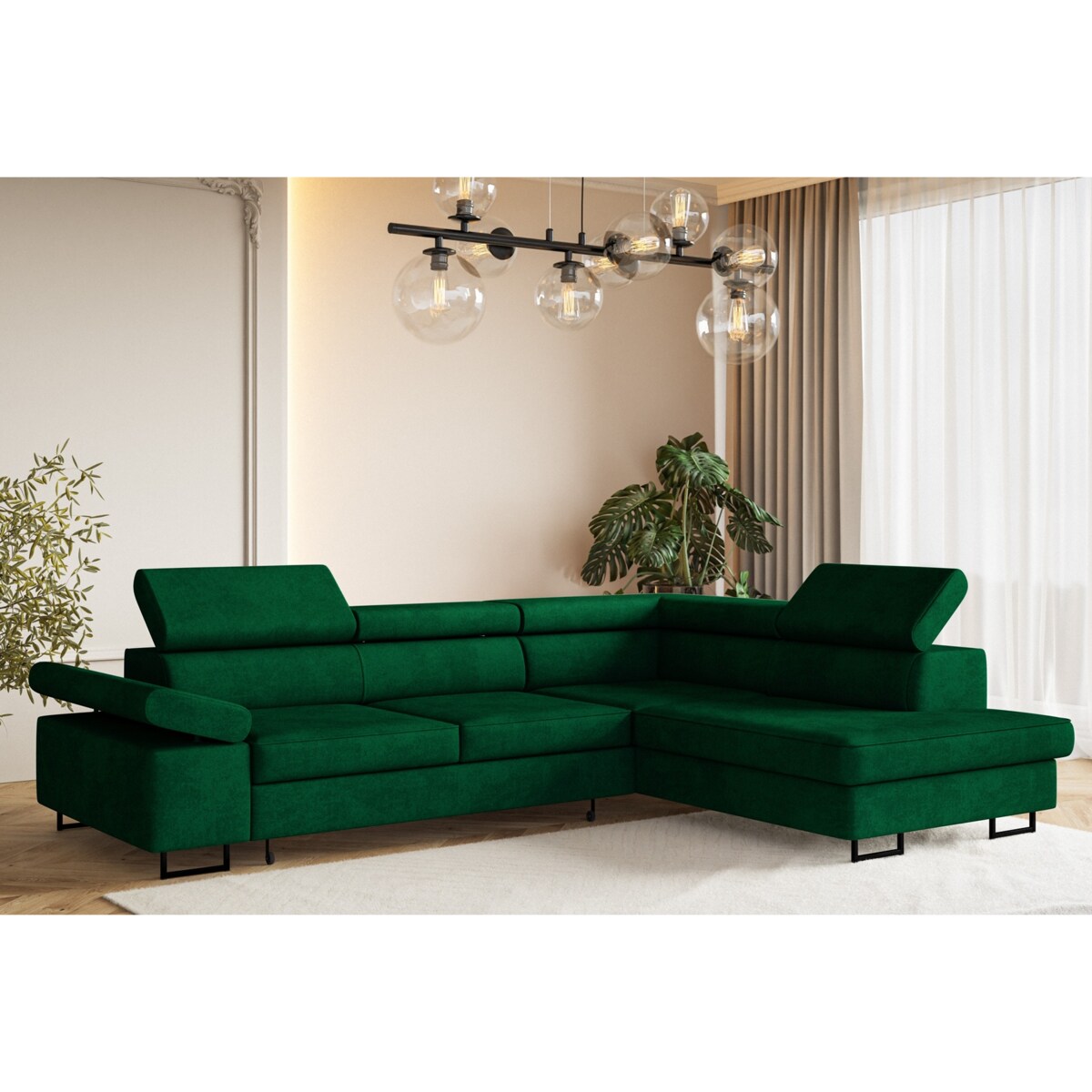 Narożnik ALEX z regulowanymi zagłówkami, prawostronny- butelkowa zieleń