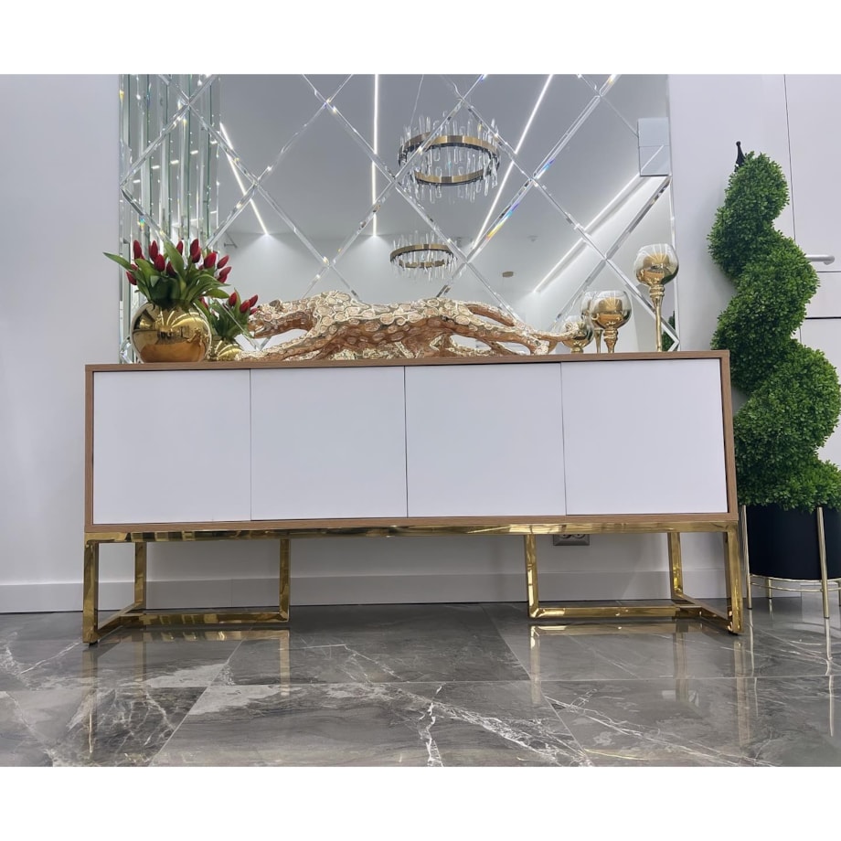 Biała-złota komoda / szafka RTV Chicago Anew Glamour Premium XXL 150x35x65 / szafka pod telewizor