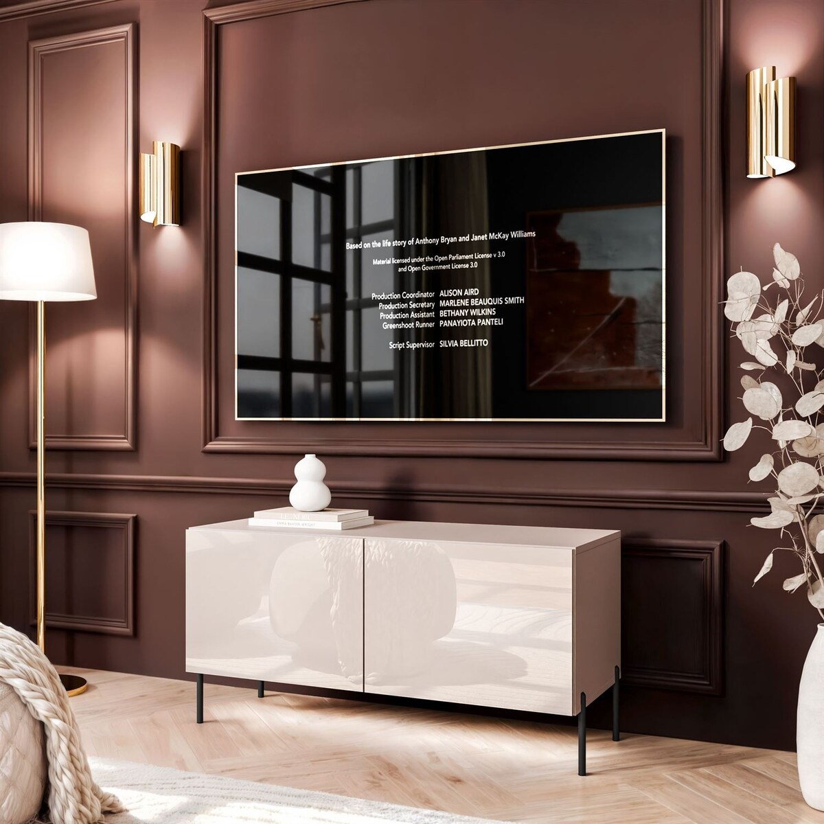 Szafka RTV COLGANTE 100 kaszmir wysoki połysk, oświetlenie LED, nóżki proste czarne