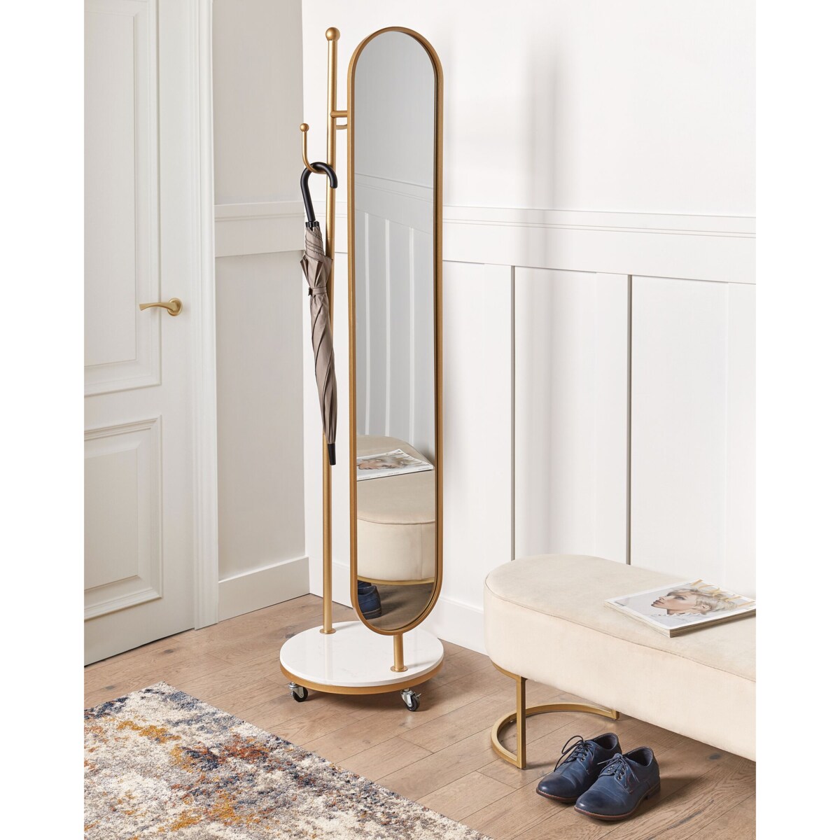 Wieszak stojący z lustrem złoty LORENA