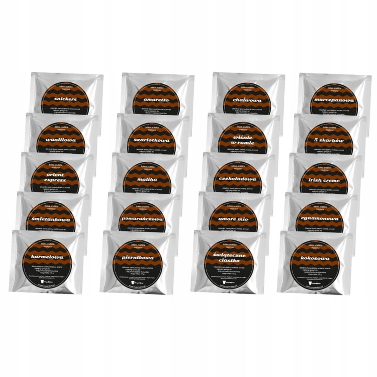 ZESTAW PREZENTOWY UPOMINKOWY BOX NA DZIEŃ MATKI URODZINY DLA MAMY TEŚCIOWEJ - MIX 20 RÓŻNYCH KAW SMAKOWYCH DESEROWYCH MIELONYCH ARABICA