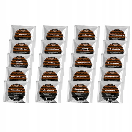 ZESTAW PREZENTOWY UPOMINKOWY BOX NA DZIEŃ MATKI URODZINY DLA MAMY TEŚCIOWEJ - MIX 20 RÓŻNYCH KAW SMAKOWYCH DESEROWYCH MIELONYCH ARABICA