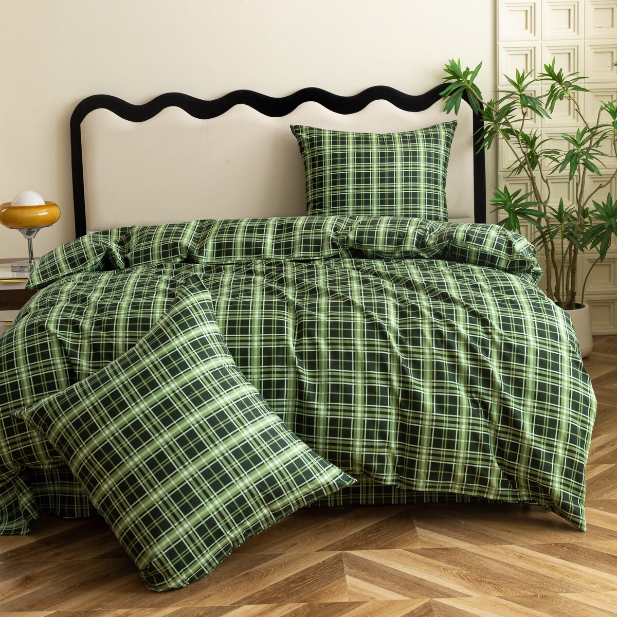 Komplet Pościeli Dwuosobowej Zielona Krata 200X200 Z 2 Poszewkami 70X80