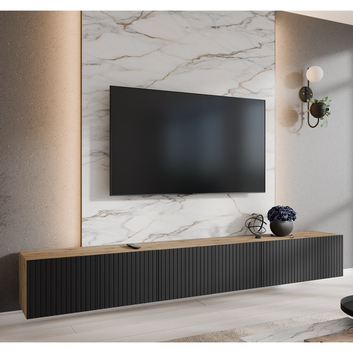 Szafka RTV NOELI 300 cm zamknięta do salonu, ryflowana- artisan+czarny