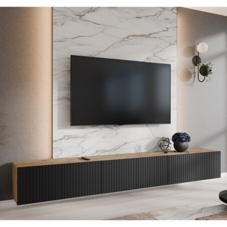 Szafka RTV NOELI 300 cm zamknięta do salonu, ryflowana- artisan+czarny