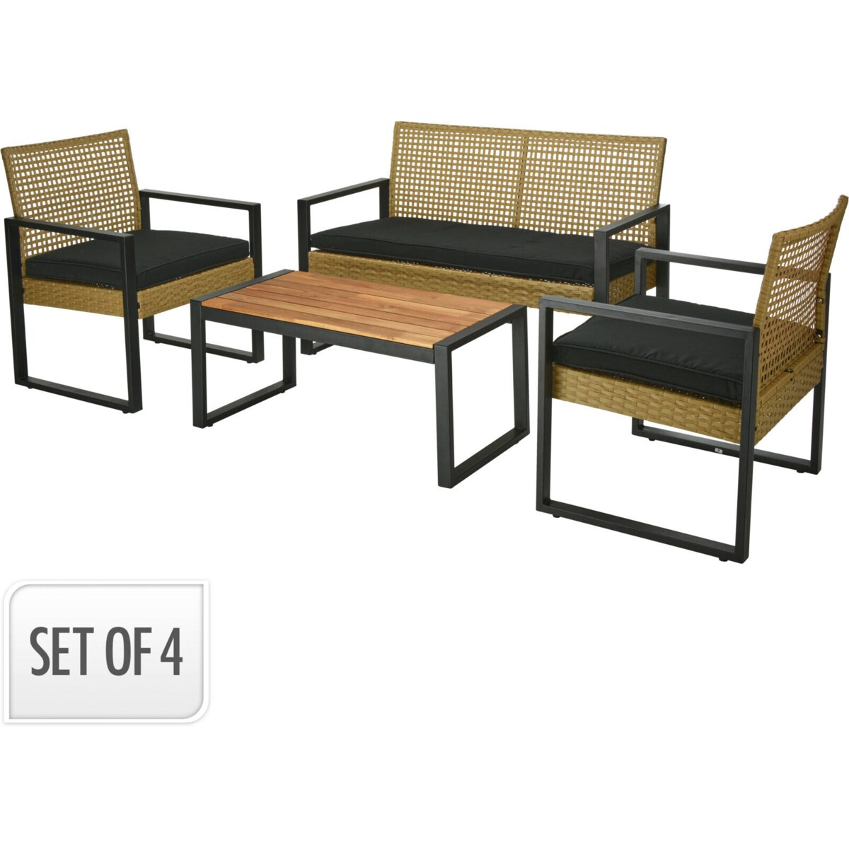 Komplet mebli ogrdowych, plecione siedziska z drewnianym stolikiem