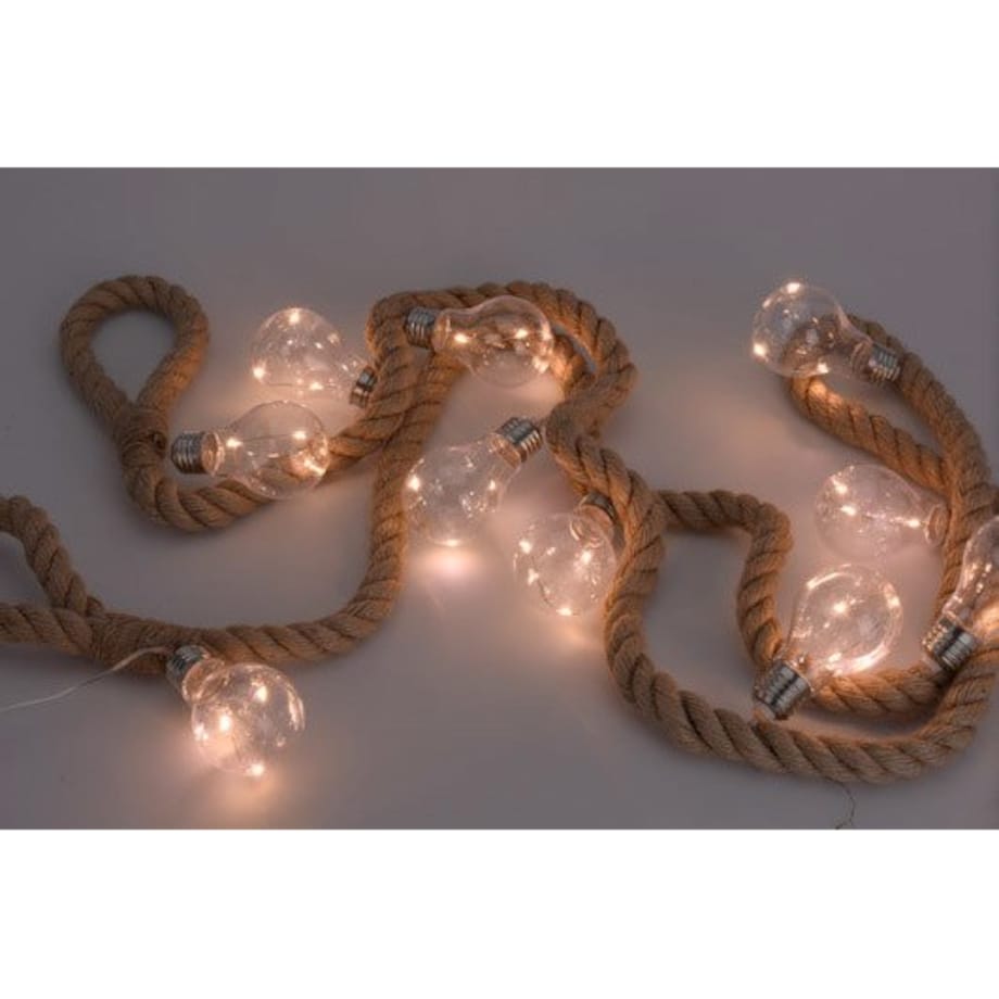 Łańcuch świetlny LED z motywem żarówek na jutowym sznurku - 10 żarówek