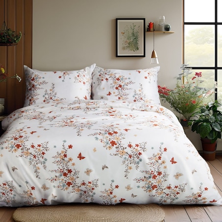 Pościel satyna bawełniana 200x220 Exclusive Ela biała w pomarańczowe kwiatki