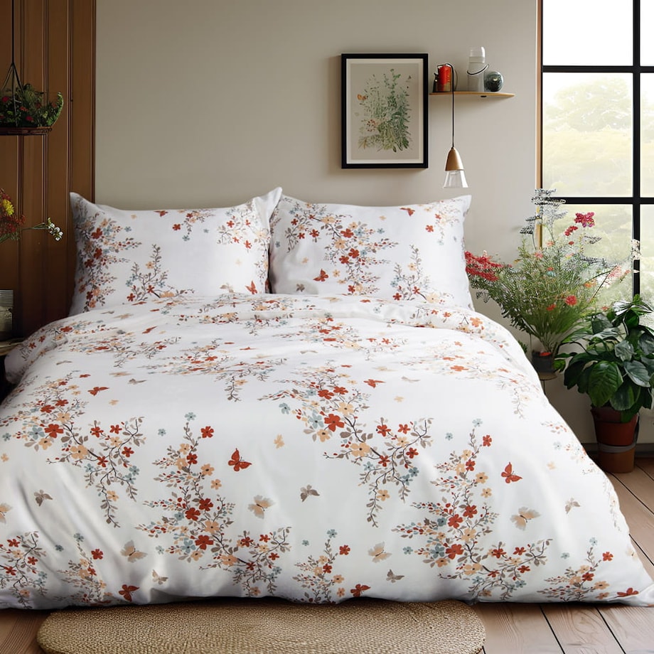 Pościel satyna bawełniana 200x220 Exclusive Ela biała w pomarańczowe kwiatki