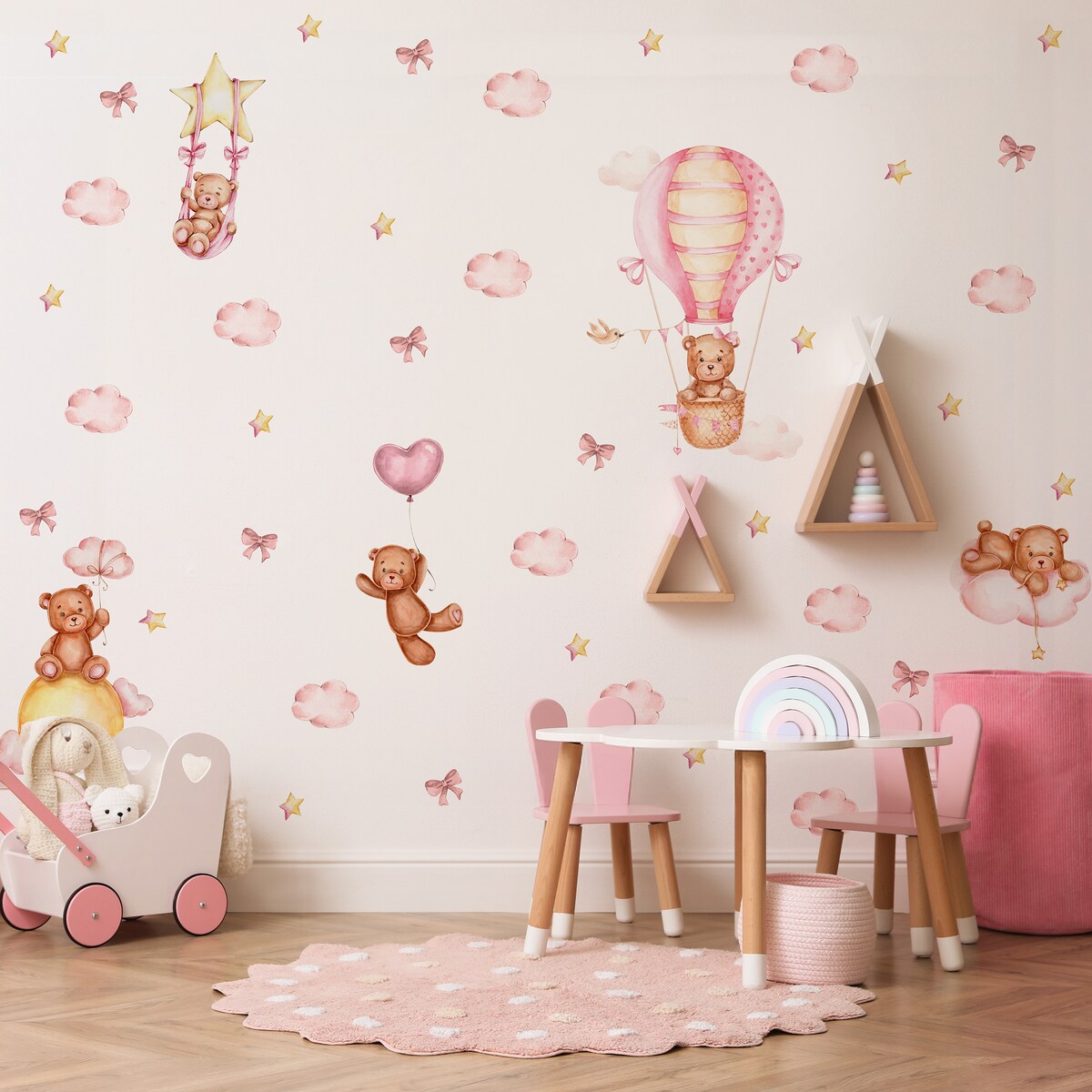 Naklejki Dla Dzieci Misie Różowe Chmurki Balony Gwiazdy Kokardki ZESTAW 120x60cm