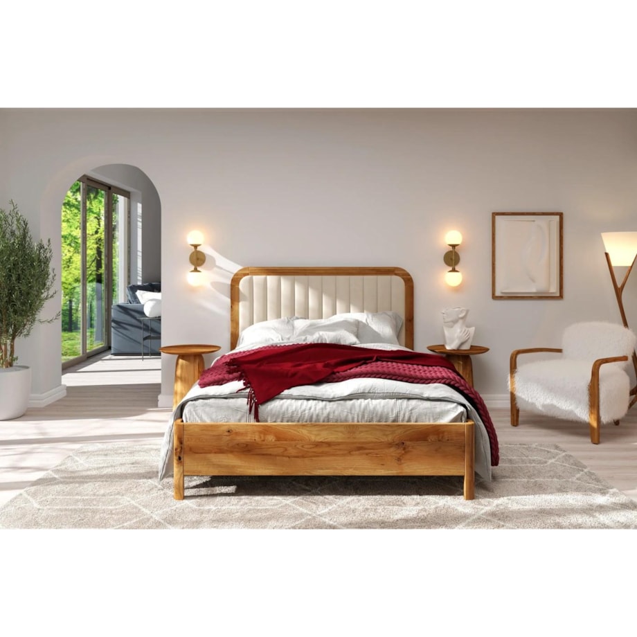 Tapicerowane łóżko drewniane dębowe Visby MODENA BC z wysokim zagłówkiem / 180x200 cm, lakier naturalny, zagłówek Casablanca 2301 (skrzynia na pościel)