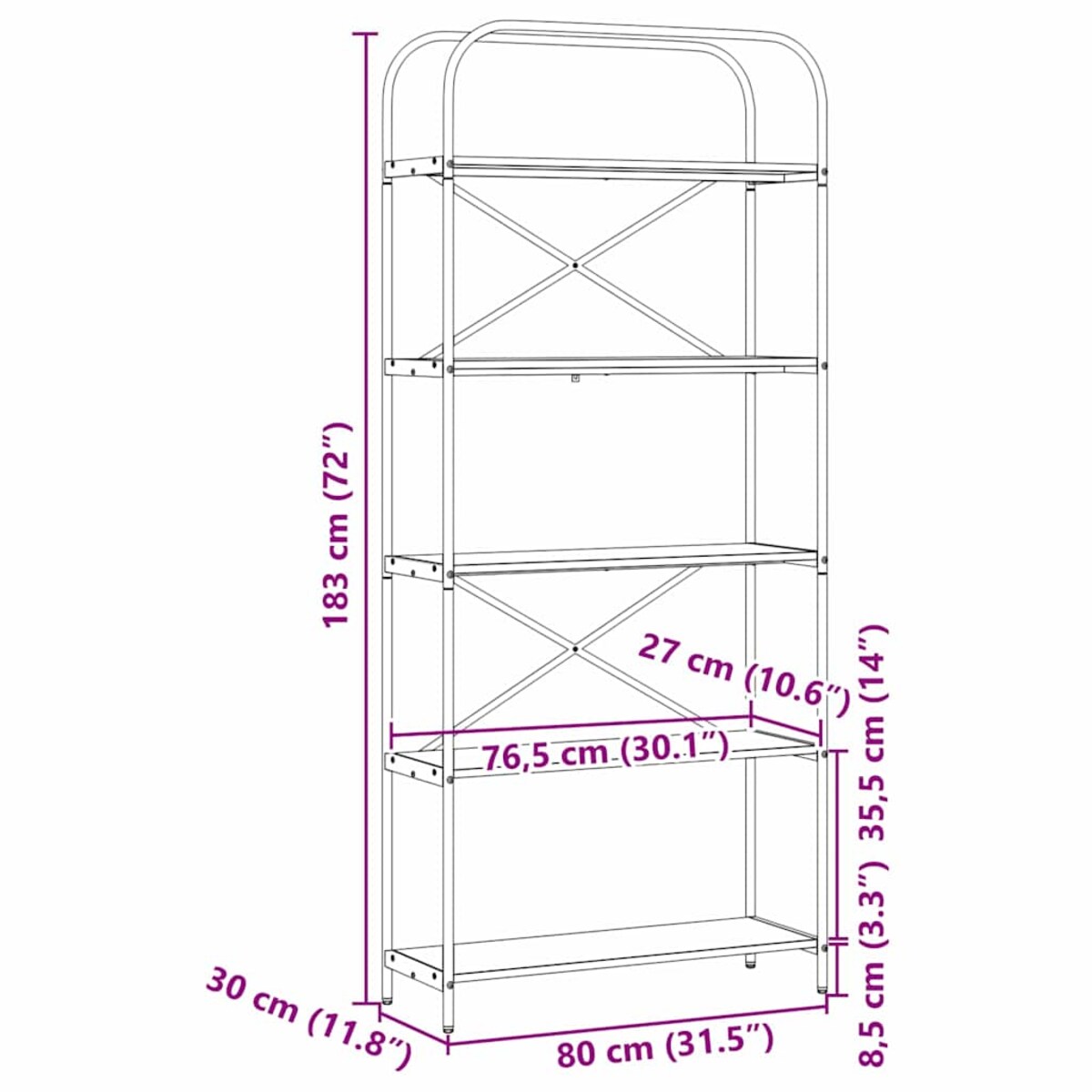 vidaXL Półka na książki Szary dąb sonoma 80 x 30 x 183 cm