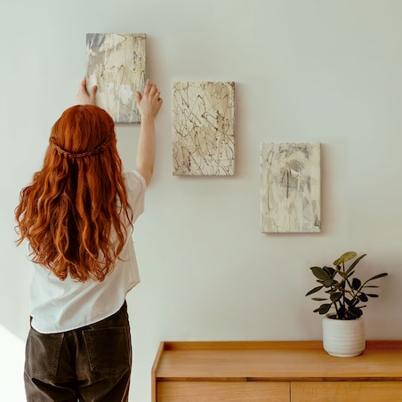 Zestaw 3 małych obrazów na płótnie - Abstrakcyjne wzory beż szarość - żółty