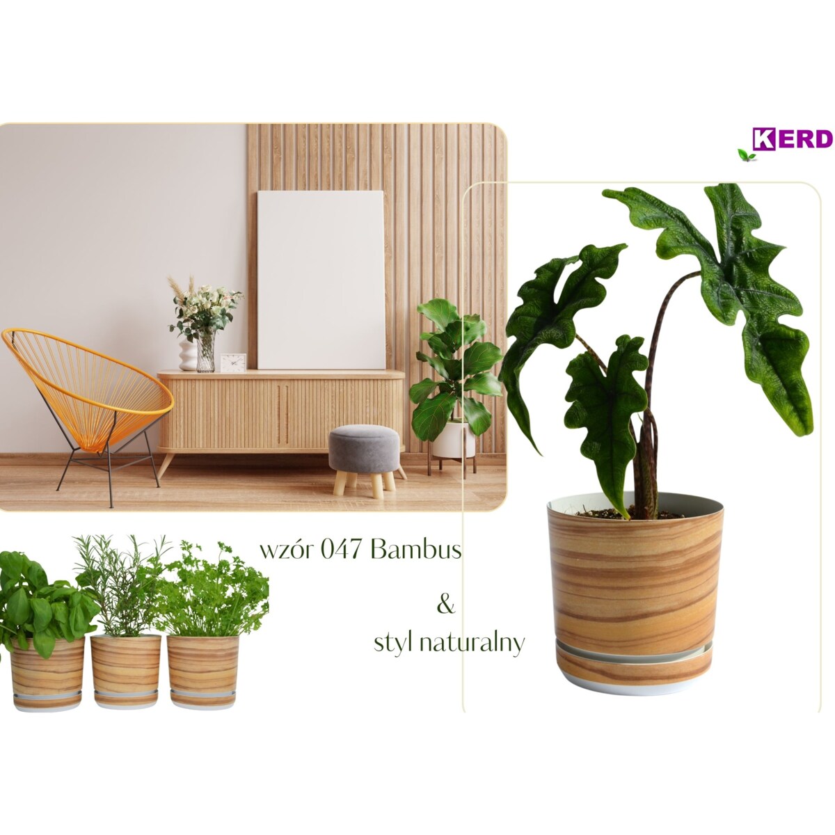 26 cm wzór BAMBUS * Doniczka z podstawką drewnopodobna imitacj deski drewna styl naturalny skandynawski