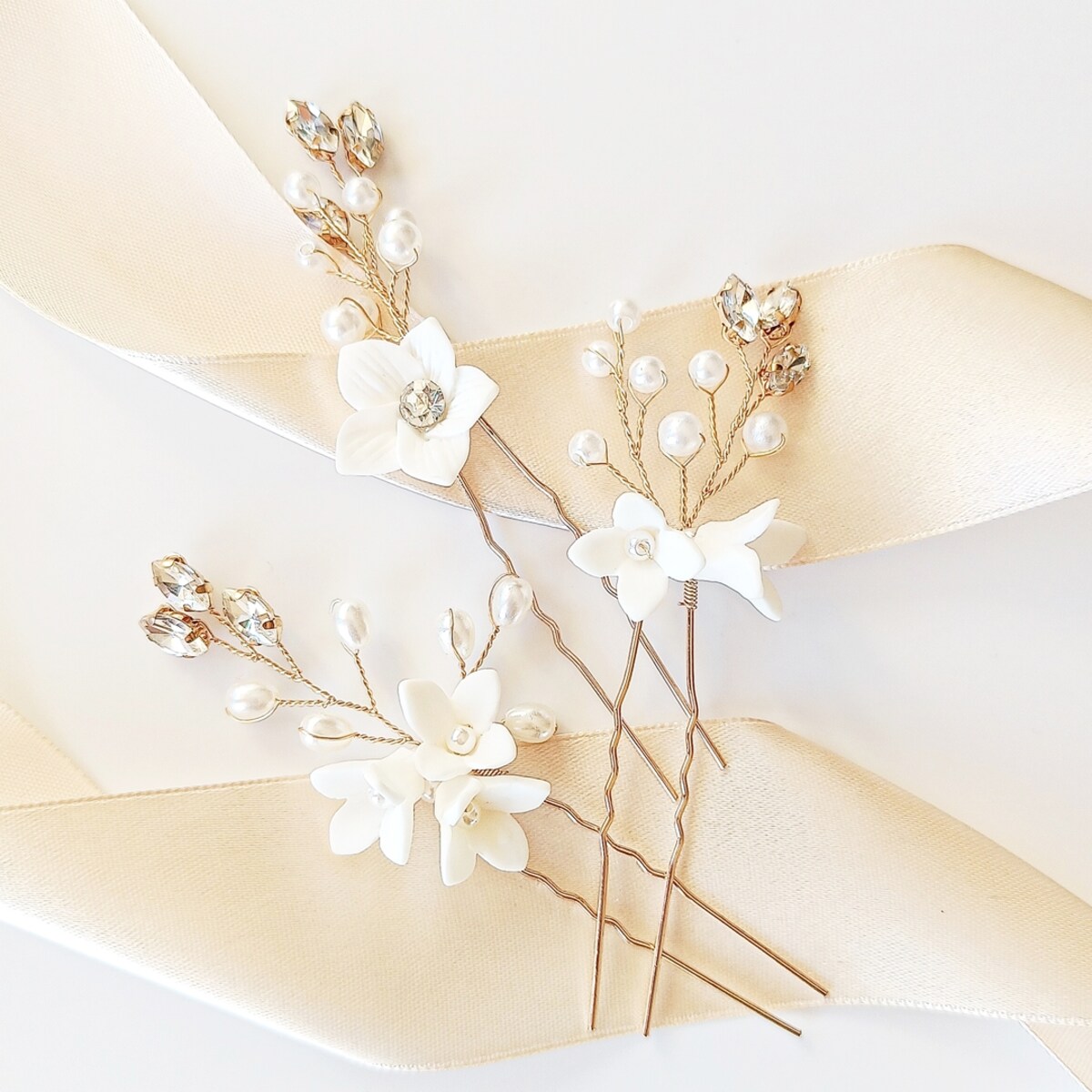 KOMPLET spinek do włosów z kwiatami kokówki szpilki złote z perłami BOHO
