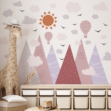 ZESTAW NAKLEJEK NA ŚCIANĘ DLA DZIECI RÓŻOWE GÓRY PTAKI CHMURY STYL BOHO