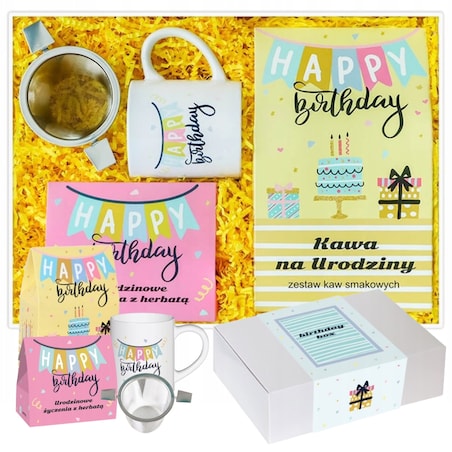 Box URODZINOWE ŻYCZENIA herbata smakowa sypana liściasta kawa + zaparzacz