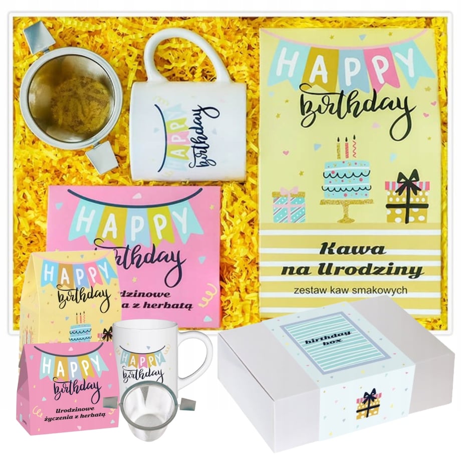 Box URODZINOWE ŻYCZENIA herbata smakowa sypana liściasta kawa + zaparzacz