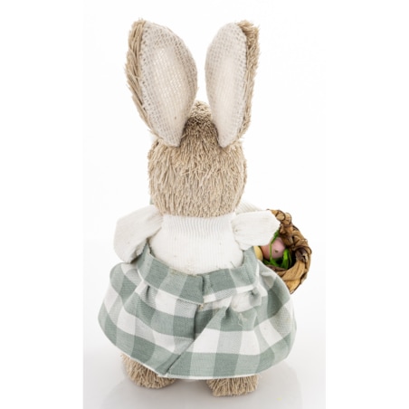 Figurka - króliczek z wielkanocnym koszyczkiem 23,5x11x13 cm w sukience w biało-niebieską kratkę