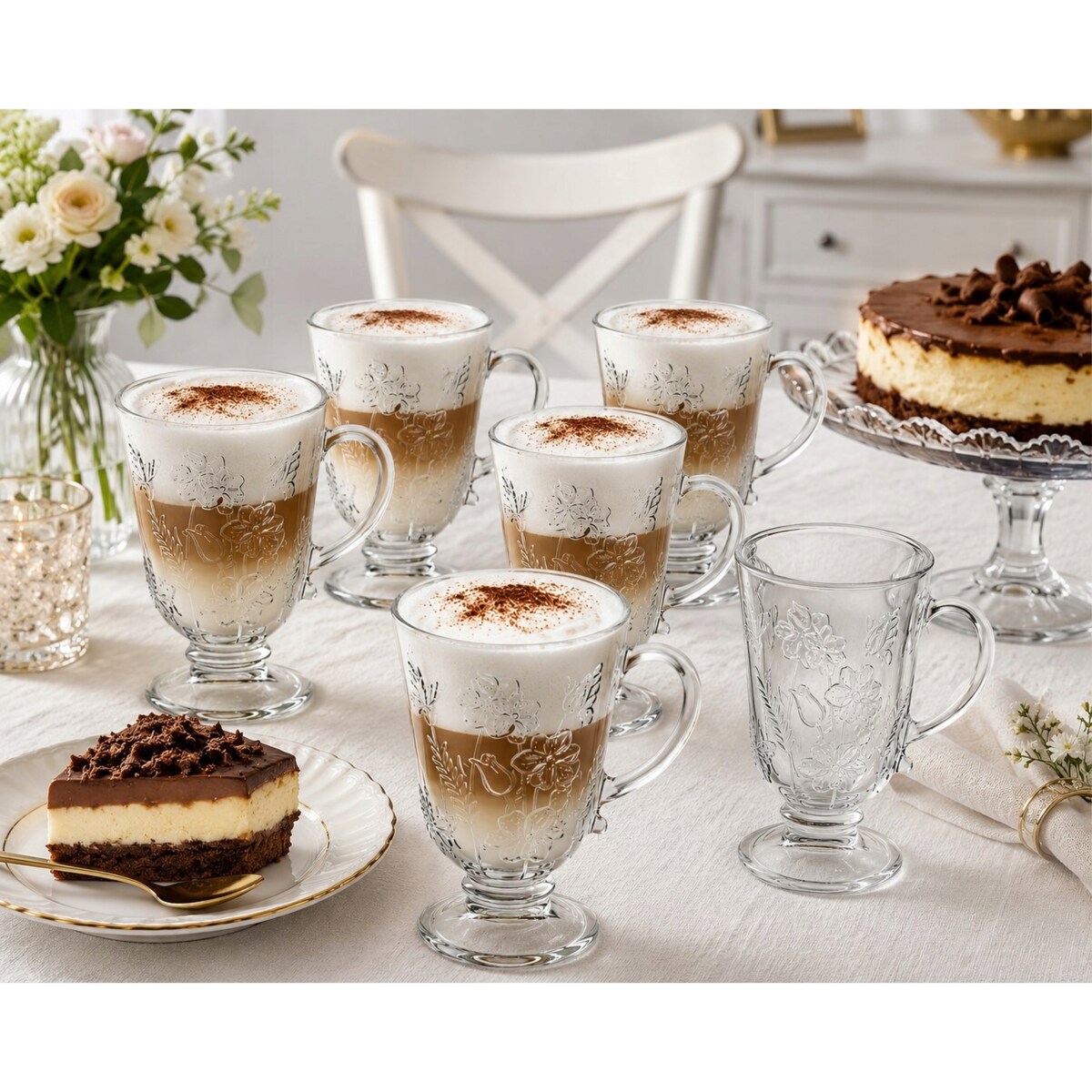 Wysokie Szklanki 310 ml 6szt Ozdobne Szkło z Kwiatowym Wzorem na latte kawę