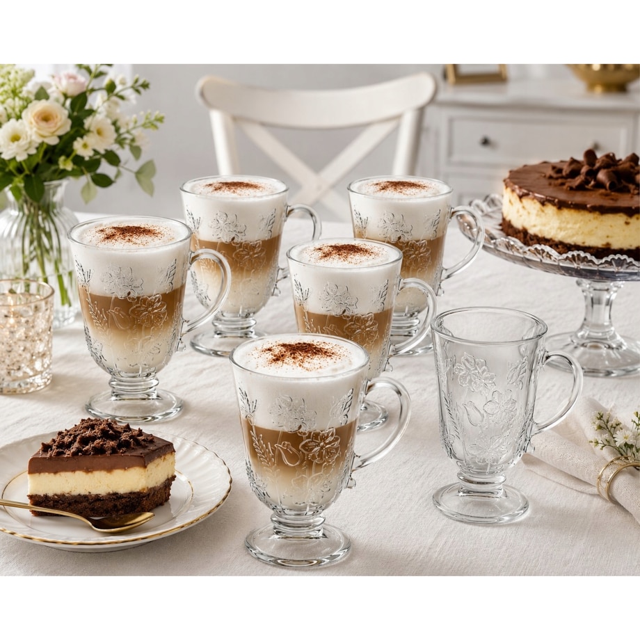 Wysokie Szklanki 310 ml 6szt Ozdobne Szkło z Kwiatowym Wzorem na latte kawę