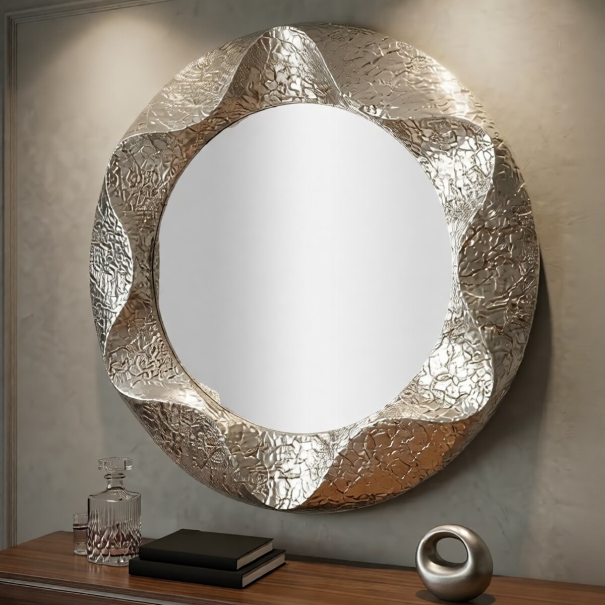 Lustro ścienne Argelux, kolor srebrny, żelazo i płyta MDF, 104 x 7 x 104 cm, kształt okrągły, styl glamour, do salonu i przedpokoju, Mauro Ferretti