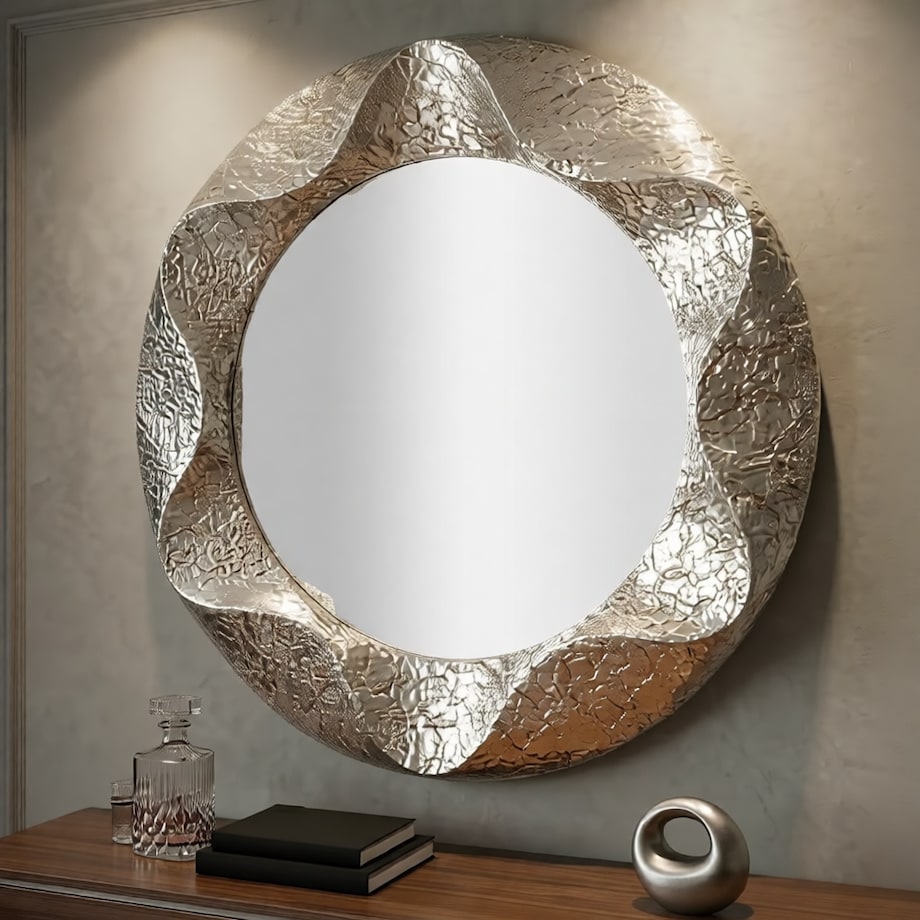 Lustro ścienne Argelux, kolor srebrny, żelazo i płyta MDF, 104 x 7 x 104 cm, kształt okrągły, styl glamour, do salonu i przedpokoju, Mauro Ferretti