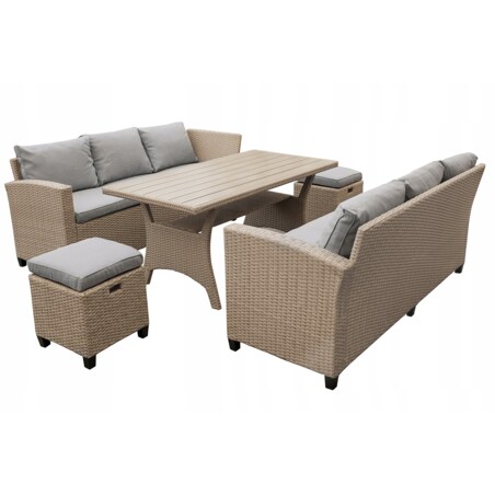 Zestaw Ogrodowy Wypoczynkowy Narożnik Stół Pufy Meble Ogrodowe Technorattan Venezia