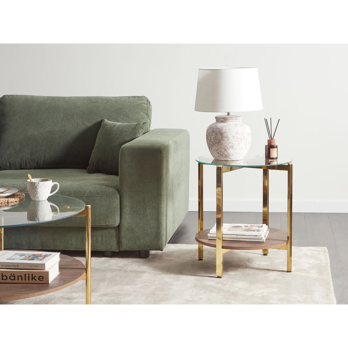 Stolik pomocniczy szklany ciemne drewno ze złotym LOVELL