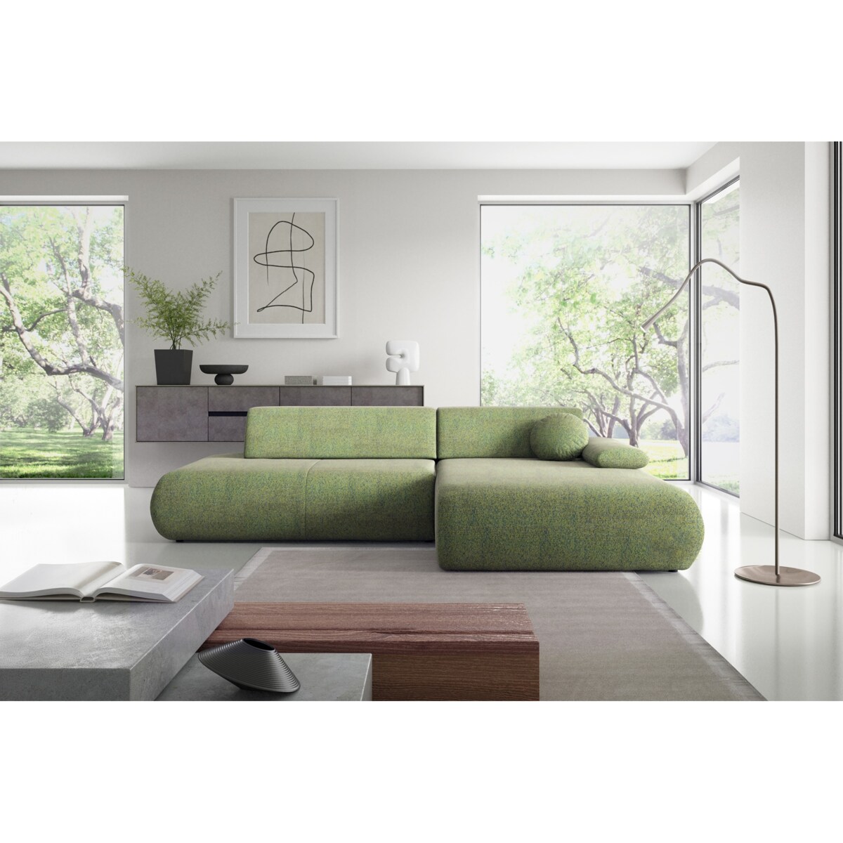 Narożnik rozkładany PENTI z pojemnikiem na pościel, prawy, zielony